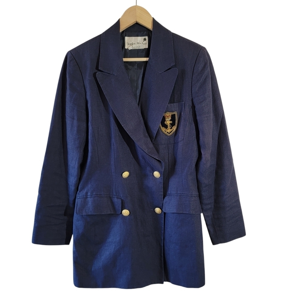 VTG Stanley Blacker Women Navy Blue 100% Linen Double Breasted Blazer 6 Crest